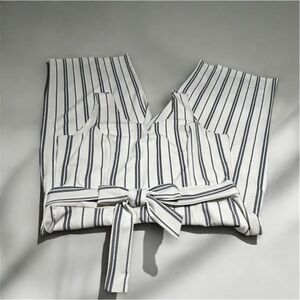 Dex Plus Size Cropped Stripe Jumpsuit Blue White 1XL Coastal Chic Tailored Basic